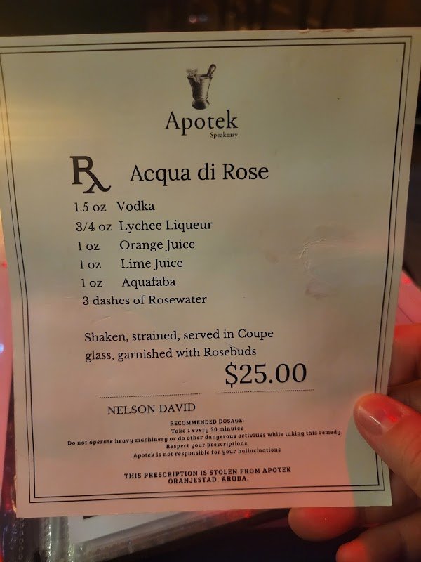 Apotek Aruba speakeasy cocktails drinks remedy menu