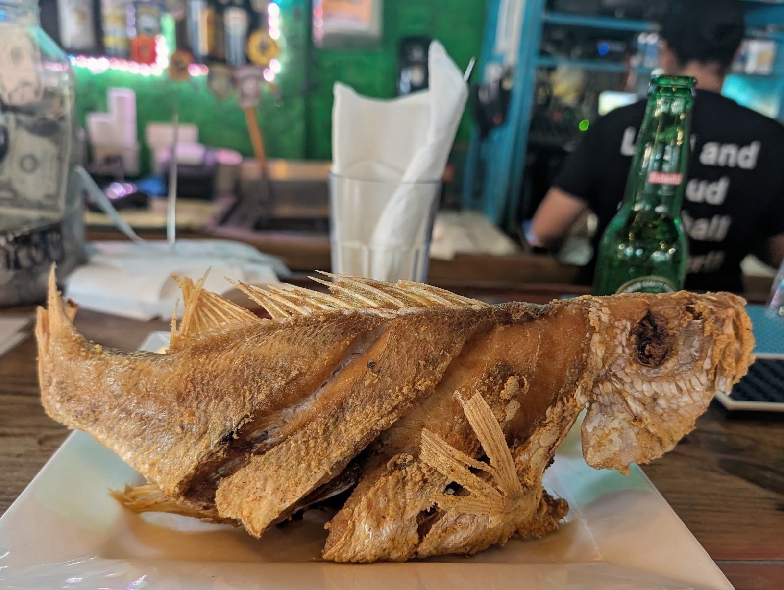 Whole fried Island Style Red Snapper served at Carlitos in Palm Beach, Aruba