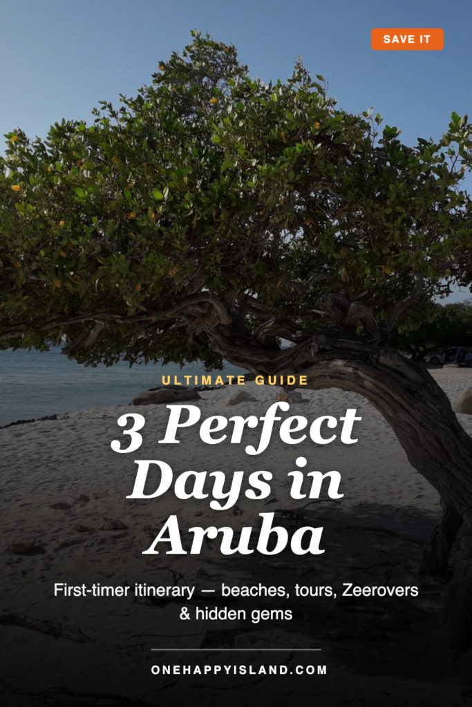 Aruba 3-day itinerary pin with divi-divi tree on Eagle Beach