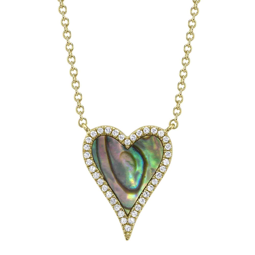 Diamond and abalone shell heart pendant in 14K gold — Aruba-inspired design