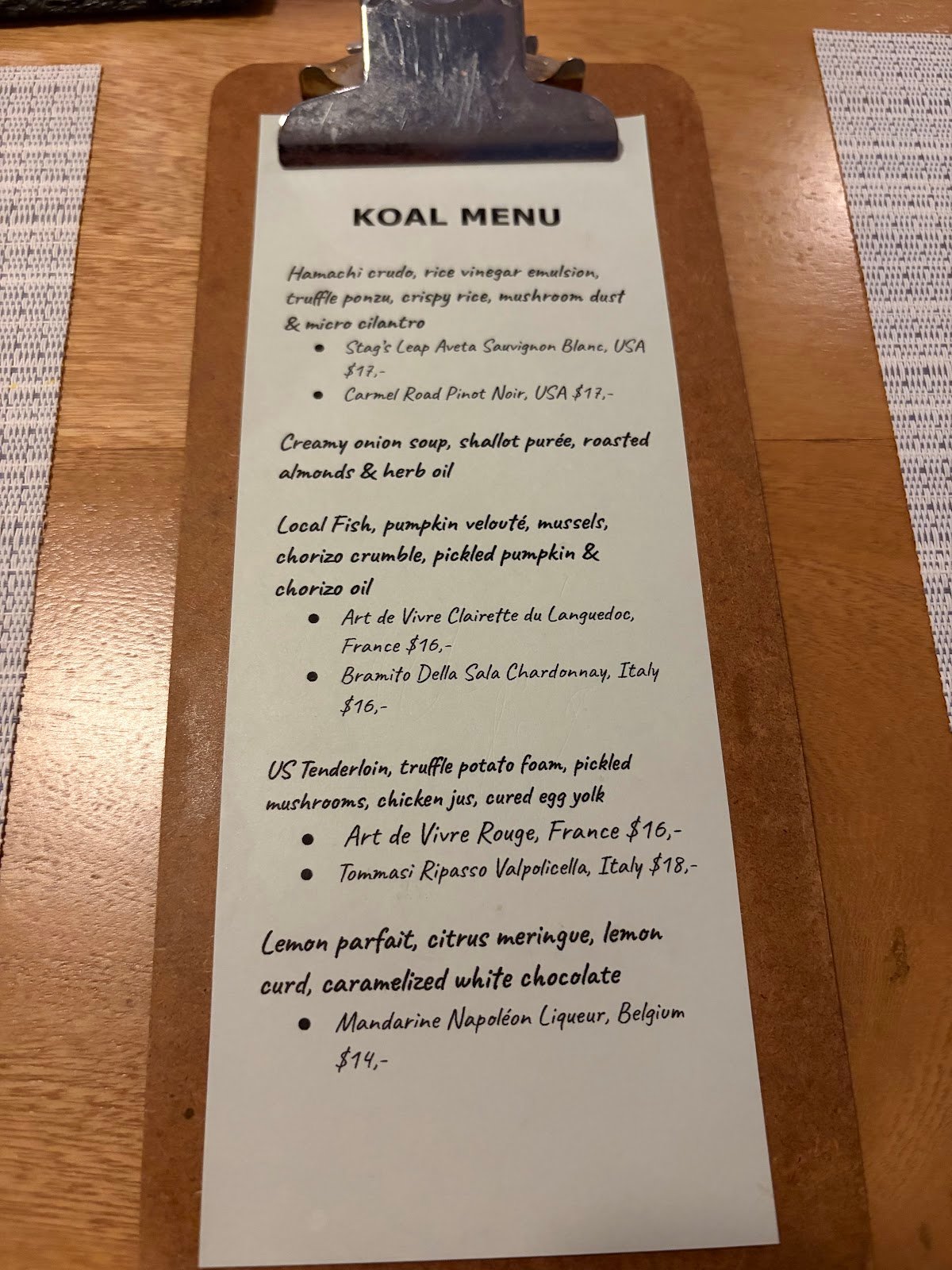 KOAL Restaurant signature dishes
