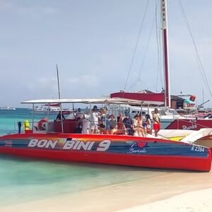 Private catamaran charter Aruba — the catamaran at Palm Beach