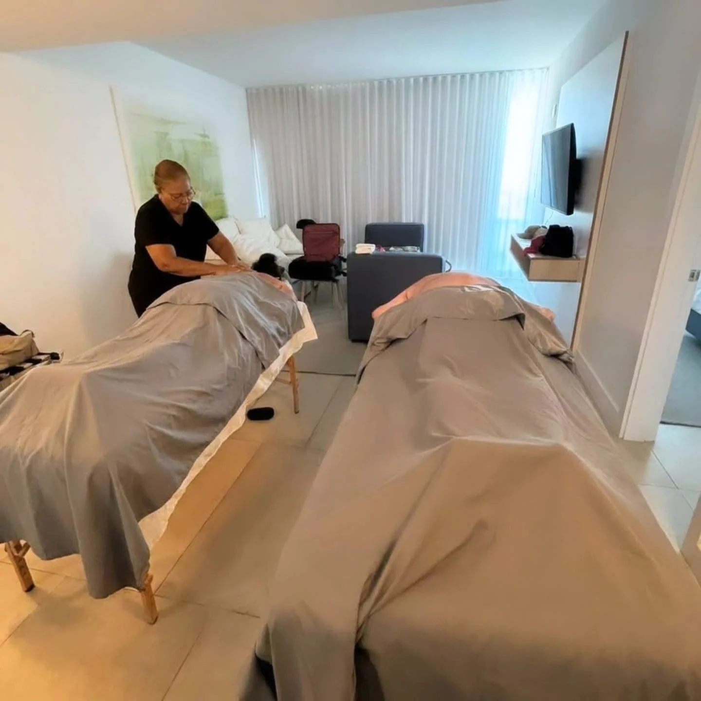 Pedicure in Aruba set up in a bright villa living room
