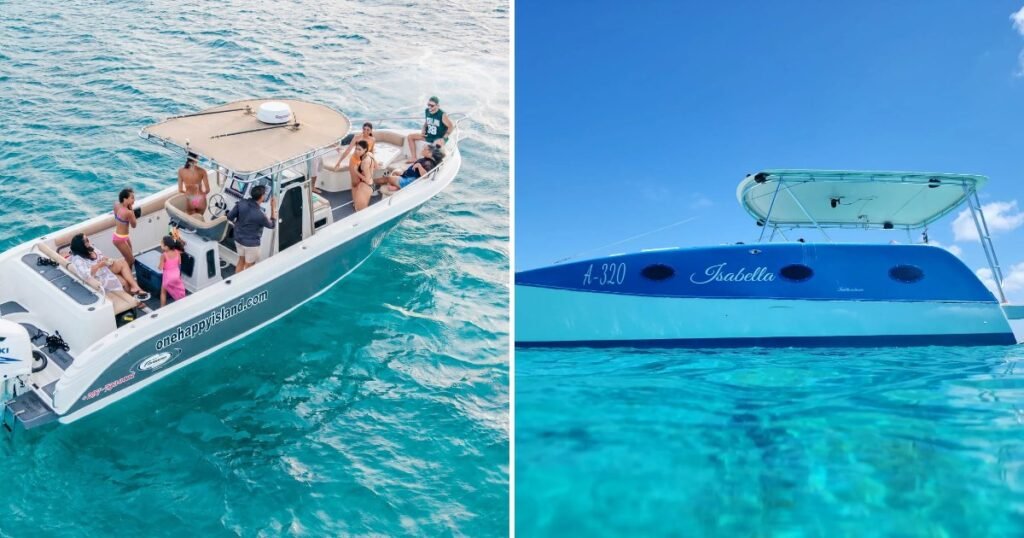 Side by side: a private boat charter with guests aboard, and the Isabella catamaran on the water in Aruba