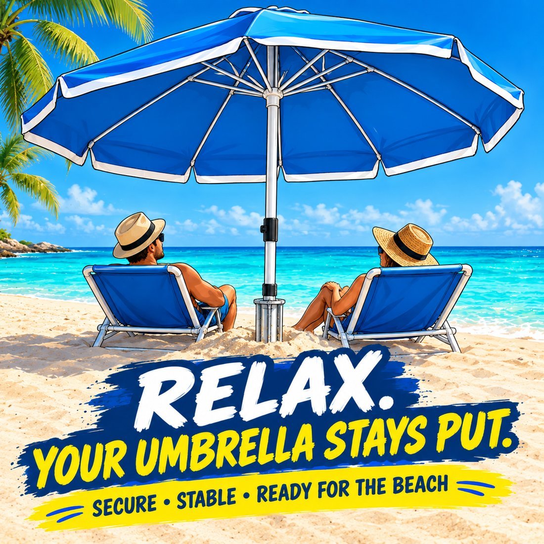 Relax, your umbrella stays put: two people in reclining chairs under our anchored beach umbrella in Aruba