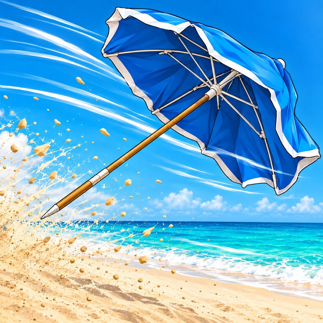 A hand-planted beach umbrella ripped out of the sand and flying down the beach in the Aruba wind