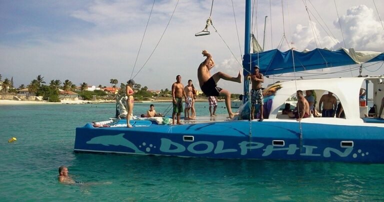 Dolphin catamaran anchored for a private snorkel charter in Aruba